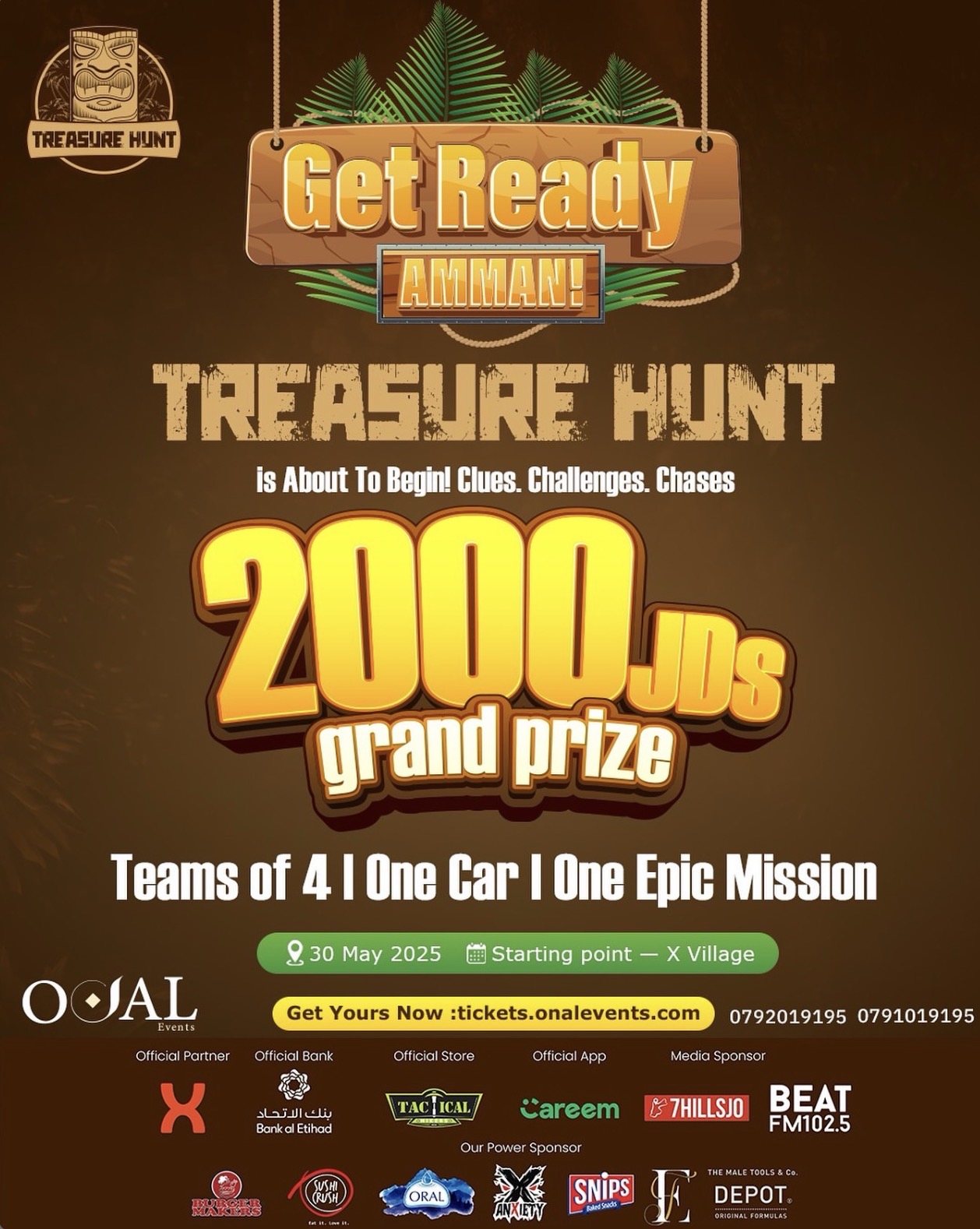 Original Treasure Hunt flyer — 30 May 2025, 2,000 JOD grand prize, with event sponsor logos